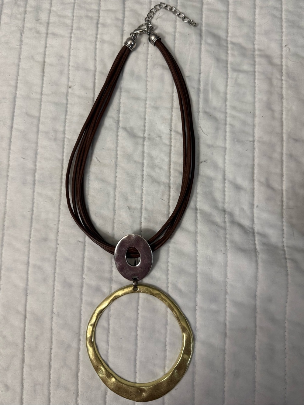 Brown Multi-Strand Necklace with Gold and Silver Pendants
